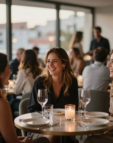 Candid photography of an elegant birthday celebration in a modern lounge, guests laughing, soft gold light, bokeh background of city lights, Southern European / Spanish context.