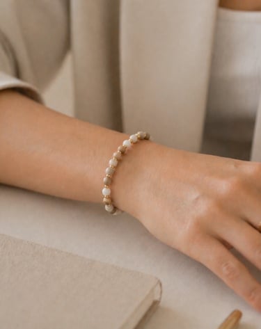 Minimal bead bracelet in neutral tones styled for everyday elegant look