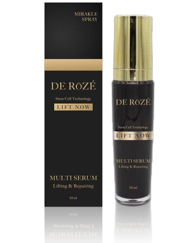 De Roze Lift Now Multi Serum bottle and box with stem cell technology for skin lifting and repairing.