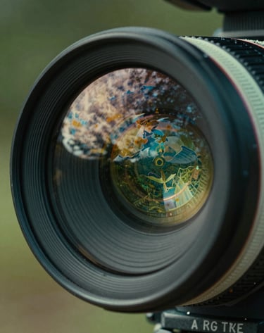 A close-up of a high-end cinema camera lens reflecting a vibrant South American / Brazilian landscape, with Deep Charcoal Green and Soft Sage accents, high detail.