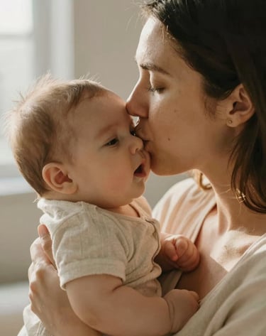 A candid vertical shot of a mother gently kissing her baby's forehead. Soft focus on the background. The lighting is warm and sun-drenched, emphasizing a cinematic and emotional atmosphere. Natural textures and a palette of Soft Sand and Terracotta accents.