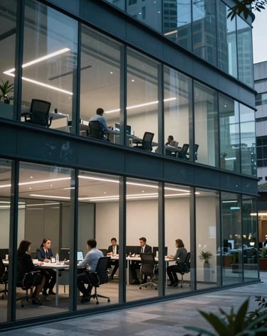 A video still of a corporate interior in São Paulo, showing a sleek glass-walled office with workers in professional attire. The composition uses deep depth of field and a color palette of steel blue and dark grey.