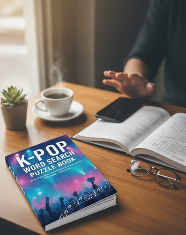 k-pop word search puzzles, k-pop puzzle book, k-pop fandom gifts, idol word search book, comeback fan activity book, wow