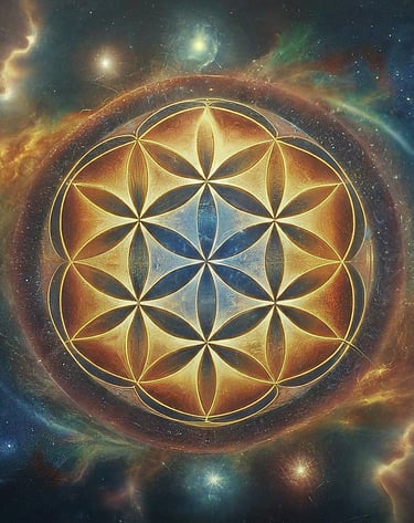 A vibrant illustration of the Flower of Life symbol, with overlapping circles in various colors.