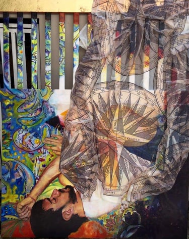a painting of a man laying on a bed