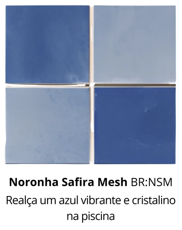 Revestimento cerâmico Noronha Safira da Sul Piscinas em Gravataí, realça um azul vibrante e cristali