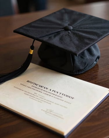 A close-up artistic shot of a senior's graduation cap and a vintage-style diploma resting on a dark brown wooden table, soft focus background, elegant lighting, North American / US style.