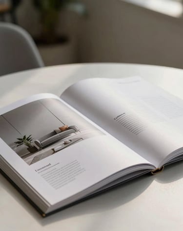 Fotografia profissional de uma revista de design aberta, layout limpo com linhas geométricas e cores suaves em cinza e branco, luz natural lateral em um ambiente moderno brasileiro.