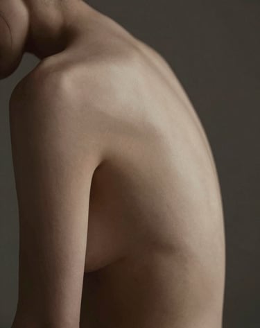 An artistic nude photograph focusing on the subtle curve of a shoulder and back. The lighting is very soft and directional, using warm taupe and soft white highlights against a charcoal backdrop.