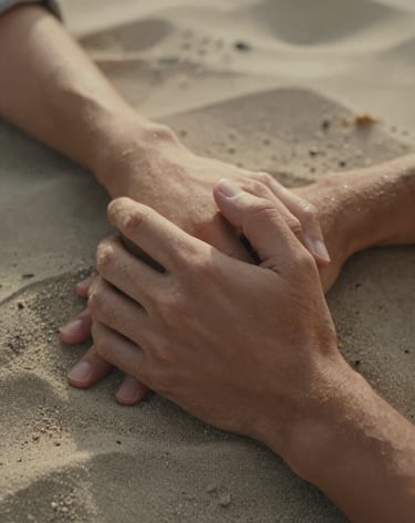 A close-up photography shot of two people's hands gently holding each other, resting on a soft sand linen fabric. The lighting is warm and natural, suggesting a quiet cinematic moment between an authentic couple in a North American setting.