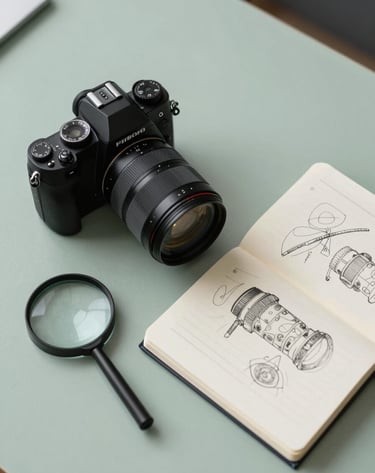 A top-down photograph of a researcher's desk. It includes a high-end camera, a minimalist design notebook with sketches, and a magnifying glass. The aesthetic is clean and intellectual, featuring a Soft Sage and Dark Slate color scheme.
