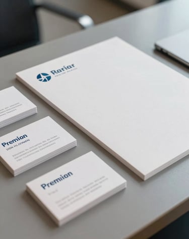 A close-up photograph of premium business cards and stationery laid out on a polished grey surface in an International / Western corporate lobby. The stationery features muted steel blue typography and crisp off-white paper stock. Soft, elegant lighting.