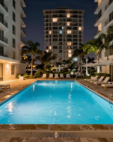 A panoramic view of a private Miami rooftop terrace with stylish seating and ocean views.
