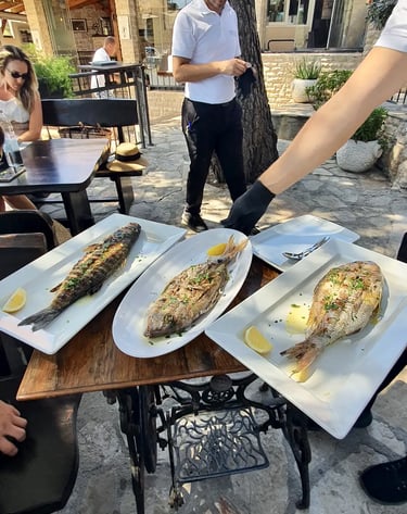 Wild Adriatic 1st class fish: sea bream, sea bass and toothfish freshly served at seaside restaurant in Sesula Solta.