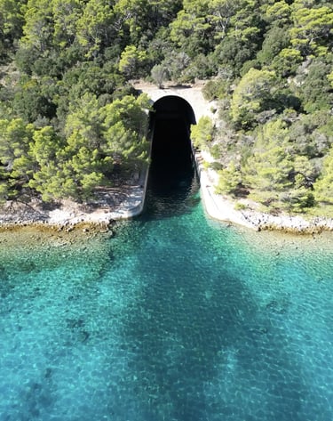 Aerial view of a historical military tunnel on Brac during a private boat tour from Split