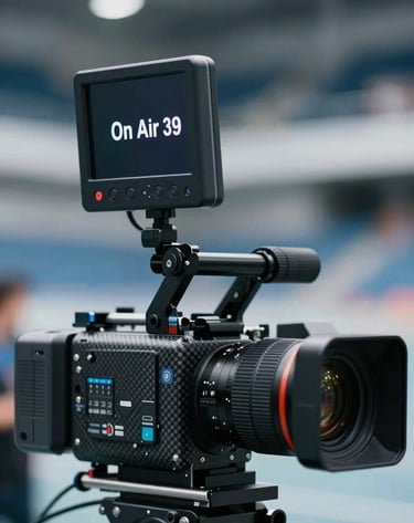 Close-up of a high-end cinema camera rigged for live broadcast, with the 'On Air' tally light glowing. The focus is on the sleek black lens and carbon fiber housing, set against a blurred background of a modern arena using the #4A6075 palette.