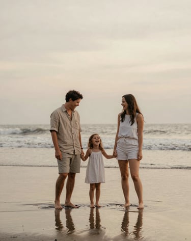 A family of three laughing together on a Balinese beach at twilight. The sand reflects a muted #C8B6A6 tan, while the sky is a gentle cream #F8F5EF. The lighting is natural and warm, capturing a timeless, unscripted moment of joy.
