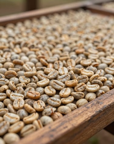 Macro photography of raw coffee beans drying on a traditional wooden tray, showing various shades of light brown and tan, South American / Latin hacienda setting, soft natural side-lighting emphasizing texture.