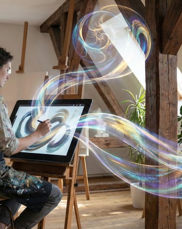 a man sitting on a stool in front of a painting