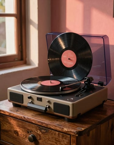 A lifestyle photography shot of a vintage record player and vinyl discs on a wooden table in a room with South American architecture, warm evening sun through a window creating coral and rose light patterns, authentic and nostalgic mood.