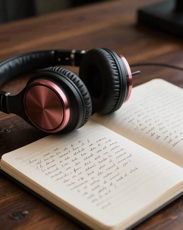 A close-up, artistic shot of a set of professional headphones and a notebook with handwritten Spanish lyrics on a dark wooden table. The lighting features soft rosewood accents, capturing a sophisticated South American studio essence.