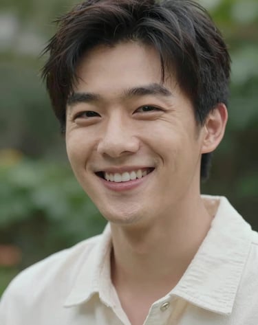 A close-up portrait of a happy individual in a North American / US garden setting. Natural, soft lighting. The person is wearing off-white clothing. Artistic, shallow depth of field photography.