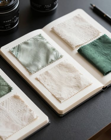 A clean, minimalist flat-lay of a design sketchbook and material swatches. The swatches include dyed silk and textured cotton in ivory and zen green colors, arranged on a charcoal black desk in a East Asian / South Asian influenced for a global luxury audience creative space.