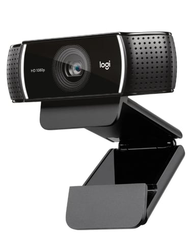 Logitech HD 1080p webcam with adjustable monitor mount for video conferencing and streaming.