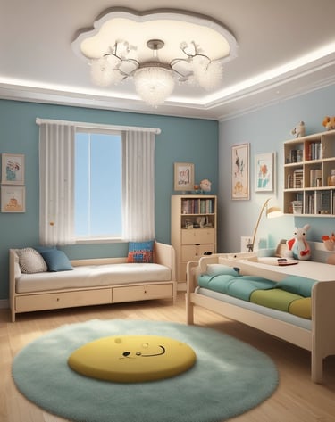 A child's room decorated with animal-themed bedding and wooden toys.