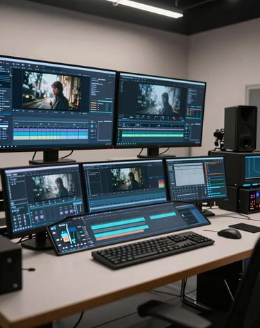 A sophisticated post-production editing suite in a North American film studio. Large high-resolution monitors display cinematic color-grading interfaces with rich blues and grays. A professional workspace with subtle accent lighting in soft white.