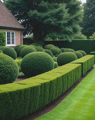 English formal garden featuring manicured boxwood topiary spheres and a straight green hedge.