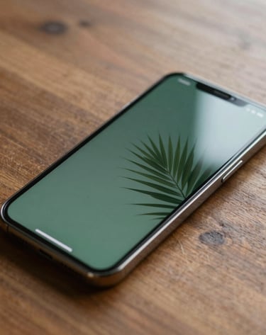 A sleek photography shot of a smartphone lying on a wooden table, displaying a clean and sophisticated digital interface with muted green tones, South American / Brazilian setting with natural lighting.
