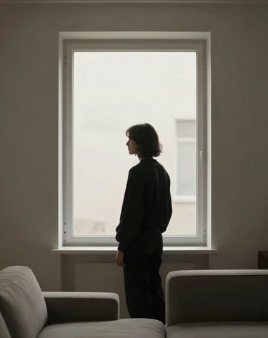 An editorial portrait of a person standing by a large window, their silhouette framed by soft, diffused Northern European light. The setting is a minimalist Dutch interior with off-white walls and dark grey-beige furniture. Moody and understated.