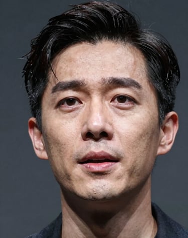 A close-up photography of an actor's expressive face during a theatrical climax, high-contrast lighting with deep grey shadows, North American / US stage production, polished and professional style.