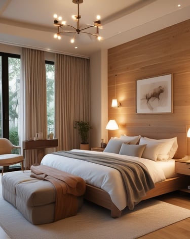 Serene bedroom with warm lighting, natural wood furniture, and layered linens.