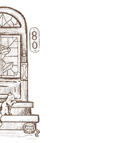 Pencil drawing of two cats sitting on steps by an ornate wooden door with a rose stained glass window.