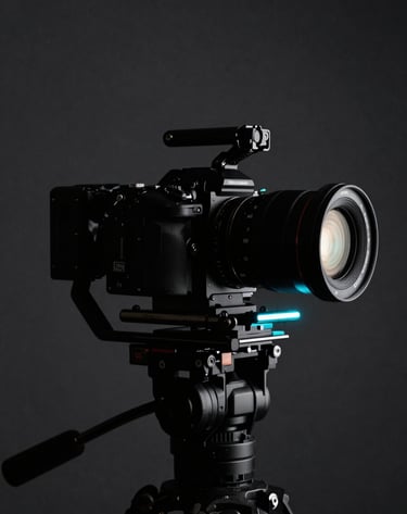 A professional film camera on a gimbal, silhouette against a dark charcoal background. A single strip of electric neon cyan light catches the edge of the lens and the metallic body of the camera. Cinematic and modern.