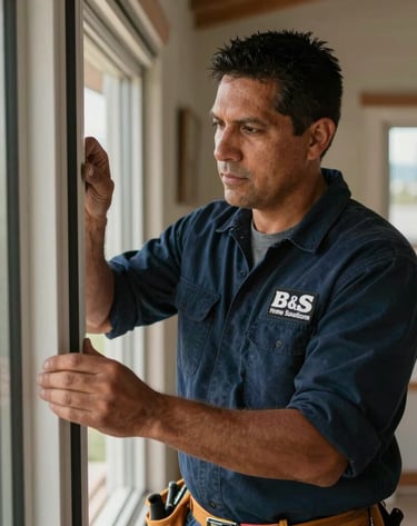 A handyman carefully fitting new windows in a cozy Littleton home.