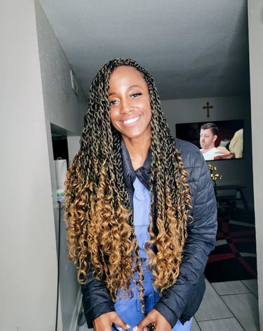 a woman with a long passion twist hairstyle