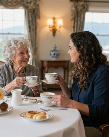A cozy living room scene where an RSW and an elderly client laugh together over a cup of tea.