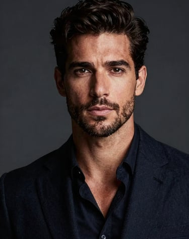 High-fashion portrait of Artthur Lima, charismatic and professional expression, South American / Brazilian features. Studio setting with a deep charcoal background, highlighting elegance and sophistication.