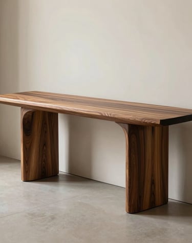 An elegant, modern console made of Honey Locust wood, positioned in a high-end minimalist foyer in the US. The design features biomorphic legs and a sleek, parametric top. The palette consists of soft cream and deep charcoal tones with professional architectural lighting.