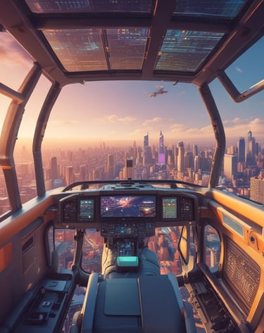 A driverless shuttle smoothly navigating a bustling urban intersection under glowing streetlights.