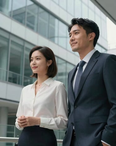 Candid lifestyle photography in a modern glass office. Two professionals in elegant attire against a backdrop of light gray and white architecture. International / Professional.