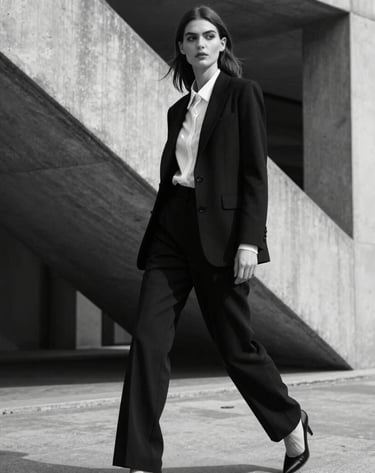 Action shot of a fashion model in an urban environment with concrete architecture, sharp lighting creating deep shadows, monochrome black and white style, professional and sophisticated, International Professional.