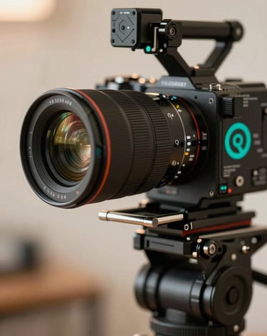 Detailed close-up of a professional film camera lens on a gimbal, capturing a scene. The lighting is warm and inviting, representing the human touch of the agency. Accents of #1A5E63.