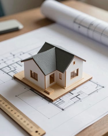 A close-up, detailed shot of architectural plans and a wooden scale model of a house extension resting on a desk. Soft morning light hits the paper. The mood is calm and professional.
