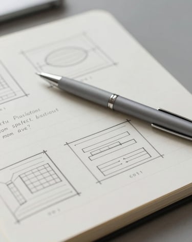 A designer's notebook opened to strategic branding sketches and wireframes, with a minimalist pen resting on top. Soft, diffused lighting enhances the professional and strategic aura. The color grading incorporates subtle slate grey and off-white tones.