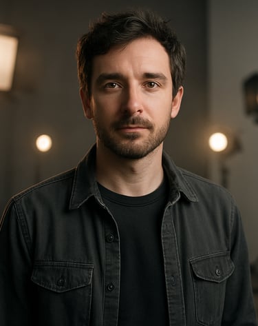 A professional photography portrait of a creative lead on set, North American context. Soft focus background showing a film set with professional lighting equipment, utilizing a palette of dark grey and off-white.
