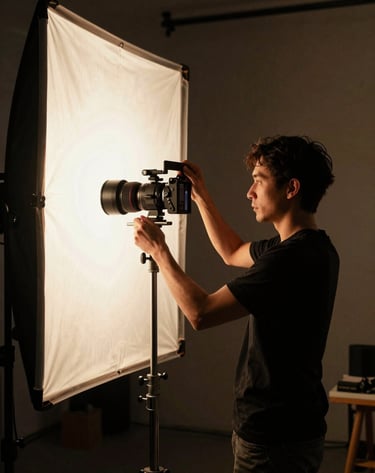 A professional lighting technician adjusting a large diffuser on a high-end film set. The scene is cinematic with deep shadows and warm gold highlights. Global / Western.